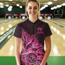 Load image into Gallery viewer, Female bowler wearing Pink Tribal Bowling Ball bowling jersey, women's bowling league apparel