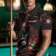 Load image into Gallery viewer, Male bowler wearing Lightning Red Grim Reaper bowling jersey, custom skull bowling shirt, league tournament apparel