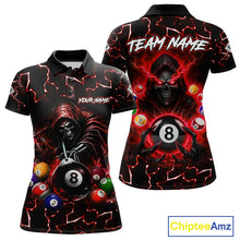 Load image into Gallery viewer, Lightning Red Grim Reaper women's bowling polo shirt, custom skull bowling team jersey, personalized bowling uniform