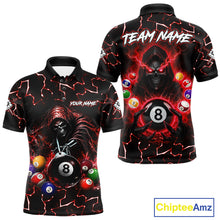 Load image into Gallery viewer, Lightning Red Grim Reaper men's bowling polo shirt, custom skull bowling team jersey, personalized league bowling uniform, tournament bowling apparel