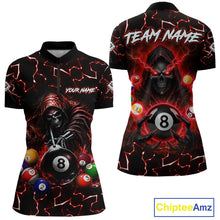 Load image into Gallery viewer, Lightning Red Grim Reaper women's bowling quarter zip shirt, skull bowling jersey, custom bowling team apparel