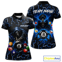 Load image into Gallery viewer, Lightning Blue Grim Reaper women's bowling polo shirt, custom skull bowling team jersey, league bowling apparel