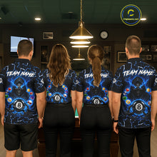 Load image into Gallery viewer, Men women bowling team wearing Lightning Blue Grim Reaper custom bowling jerseys, league bowling uniforms