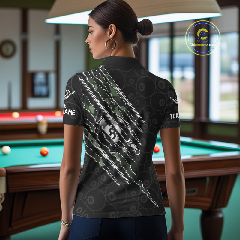 Female model wearing military green camo billiard polo, personalized pool team apparel, pool league clothing, tactical sports fashion.