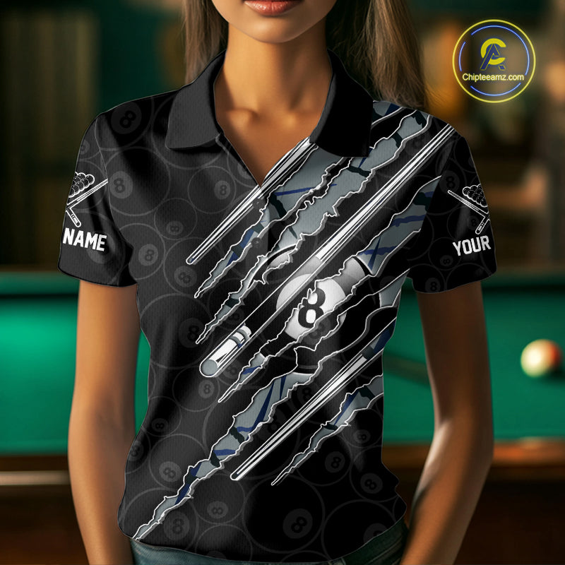 Female model wearing Blue Scratch Pattern billiard polo, personalized league apparel, cue sports fashion, matching team clothing.