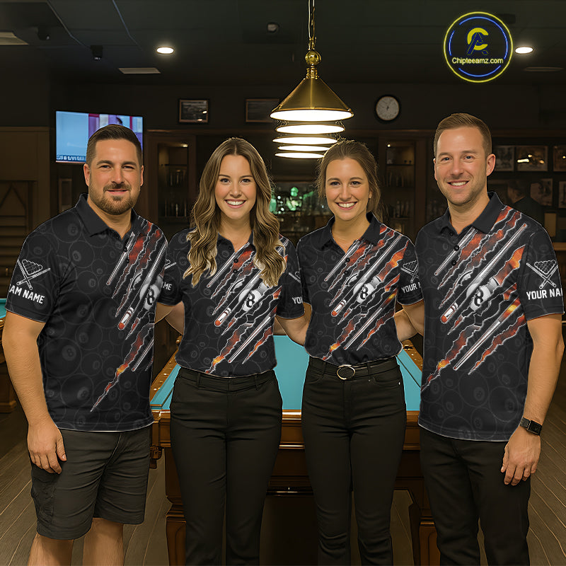Matching billiard team wearing Red Fire Flames personalized jerseys with custom names, billiard pool tournament uniforms, professional custom sports apparel.
