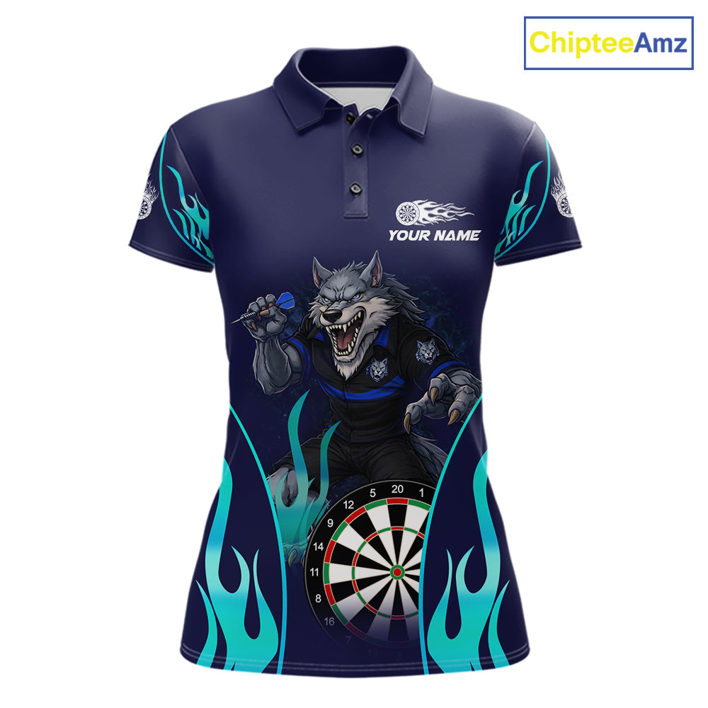 Personalized Funny Wolf Blue Flaming Darts Women Polo & 1/4-Zip Dart Shirt Wolf Dart Team Jerseys NYN2900