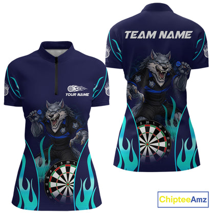 Personalized Funny Wolf Blue Flaming Darts Women Polo & 1/4-Zip Dart Shirt Wolf Dart Team Jerseys NYN2900
