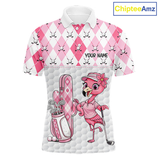 Funny Flamingo Golf Polo Shirts For Men Pink Argyle Flamingo Custom White Ball Golf Apparel NYN3121