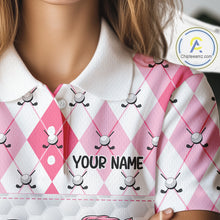 Load image into Gallery viewer, Funny Flamingo Golf Polo Shirts For Women Pink Argyle Flamingo Custom White Ball Golf Apparel NYN3121