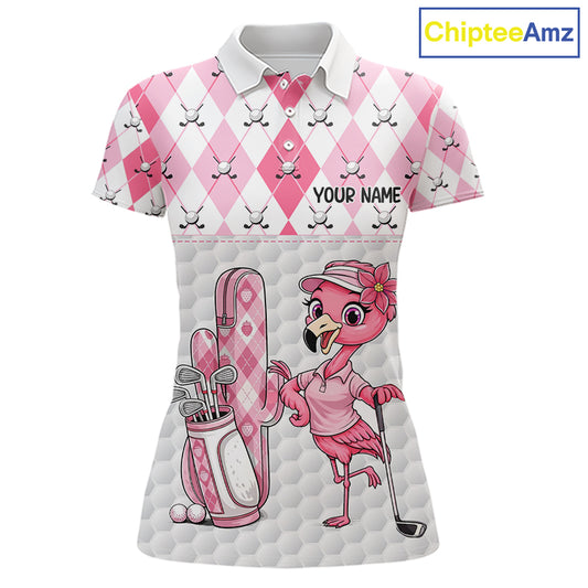 Funny Flamingo Golf Polo Shirts For Women Pink Argyle Flamingo Custom White Ball Golf Apparel NYN3121