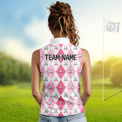 Funny Flamingo Golf Sleeveless Polo Shirts For Women Pink Argyle Flamingo Custom White Ball Golf Apparel NYN3121