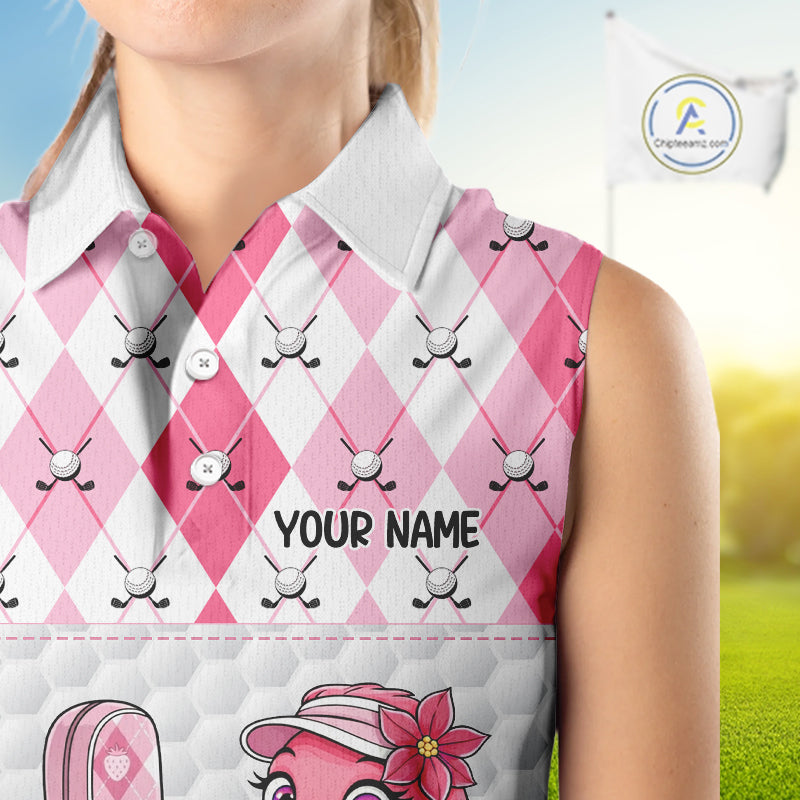 Funny Flamingo Golf Sleeveless Polo Shirts For Women Pink Argyle Flamingo Custom White Ball Golf Apparel NYN3121