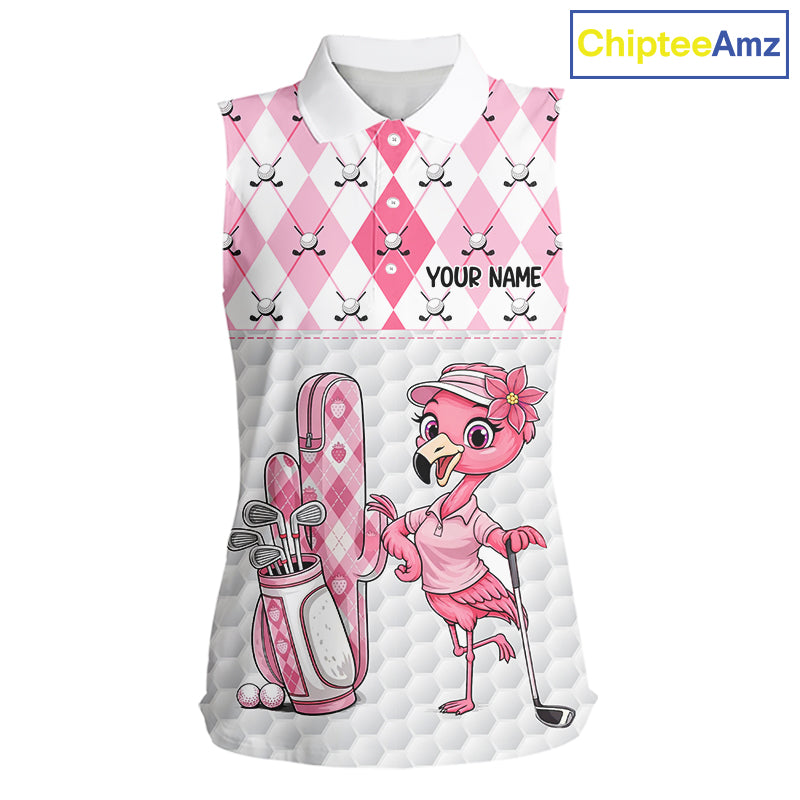 Funny Flamingo Golf Sleeveless Polo Shirts For Women Pink Argyle Flamingo Custom White Ball Golf Apparel NYN3121