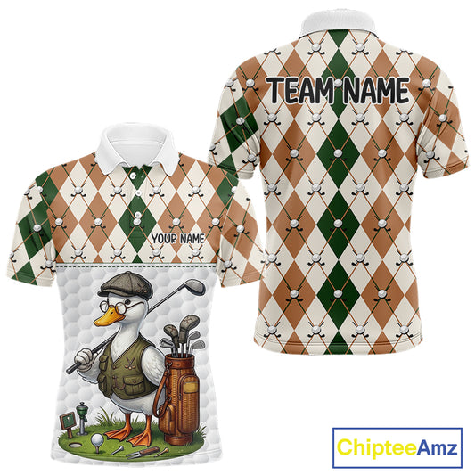 Funny Cool Duck Golf Polo Shirts For Men Green & Brown Argyle Custom White Ball Golf Apparel NYN3122