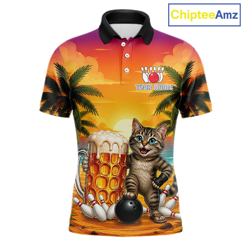 Beer And Cat Funny Women Bowling Polo Shirt Custom Summer Tropical Youth Bowling Shirts