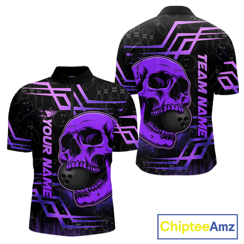 Purple Skull Bowling Ball Shirt For Men Custom Bowling 1/4-Zip Team Attire