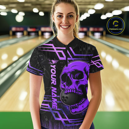 Black And Purple Skull Holding Bowling Ball Shirt For Women Custom Bowling Team Attire NYN3281