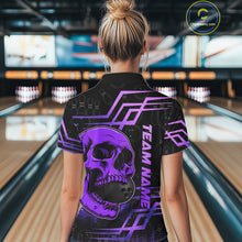 Load image into Gallery viewer, Black And Purple Skull Holding Bowling Ball Shirt For Women Custom Bowling Team Attire NYN3281