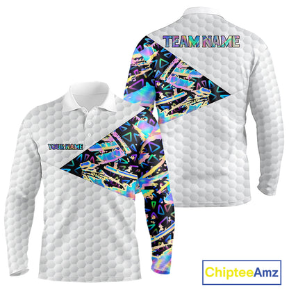 Personalized Mens Golf Polo Shirt Custom Name Holographic And White Golf Ball Golf Attire NYN2912