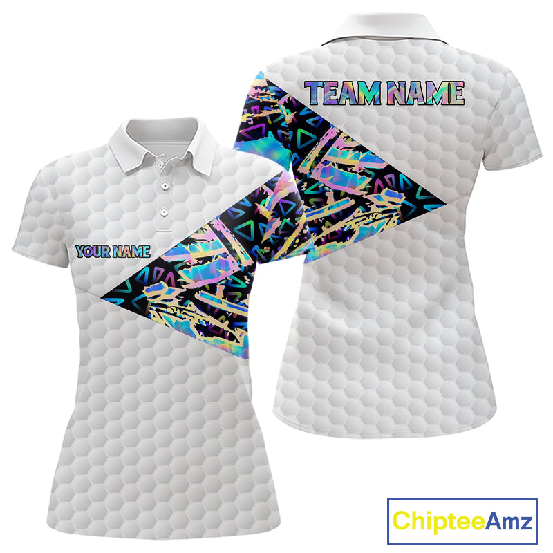 Personalized Womens Golf Polo Shirt Custom Name Holographic And White Golf Ball Golf Attire NYN2912