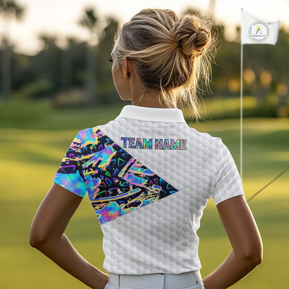 Personalized Womens Golf Polo Shirt Custom Name Holographic And White Golf Ball Golf Attire NYN2912