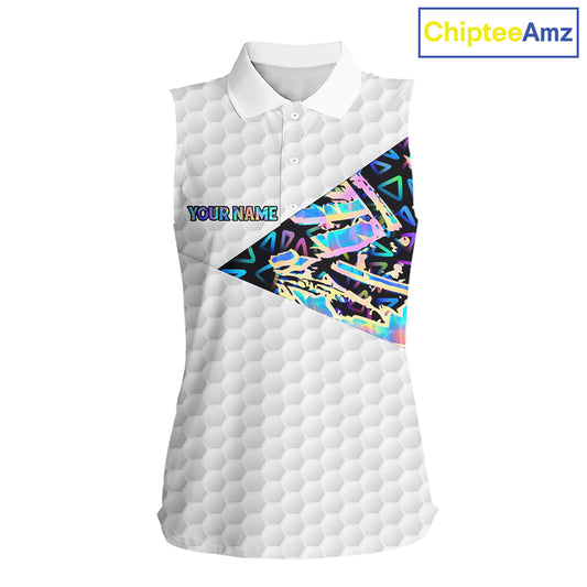 Personalized Womens Sleeveless Golf Polo Shirt Custom Name Holographic And White Golf Ball Golf Attire NYN2912