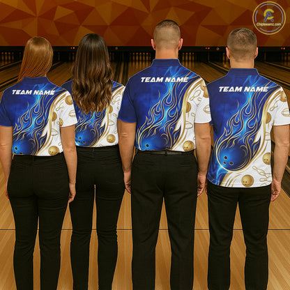 Custom Gold And Blue Flames Bowling Team Jerseys, Bowling League Polo & 1/4-Zip Shirt For Men NYN2917