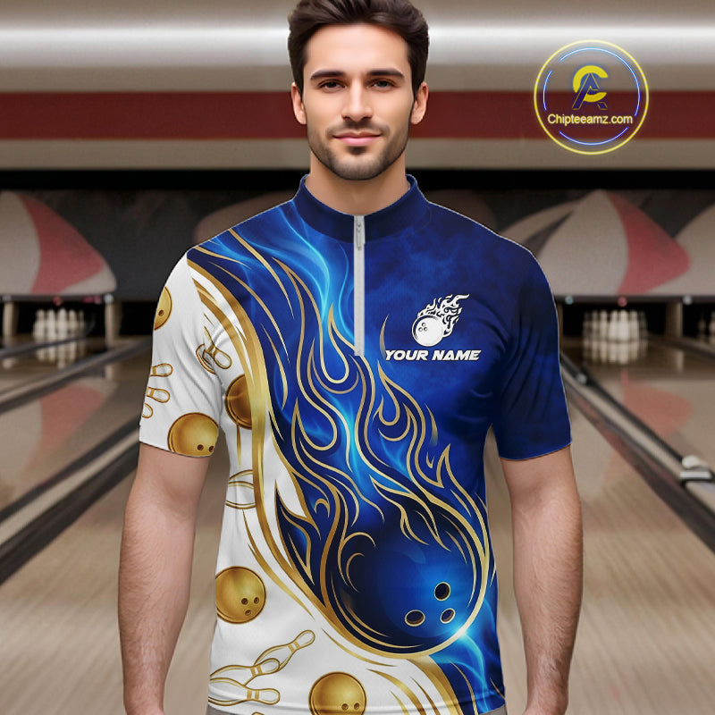 Custom Gold And Blue Flames Bowling Team Jerseys, Bowling League Polo & 1/4-Zip Shirt For Men NYN2917