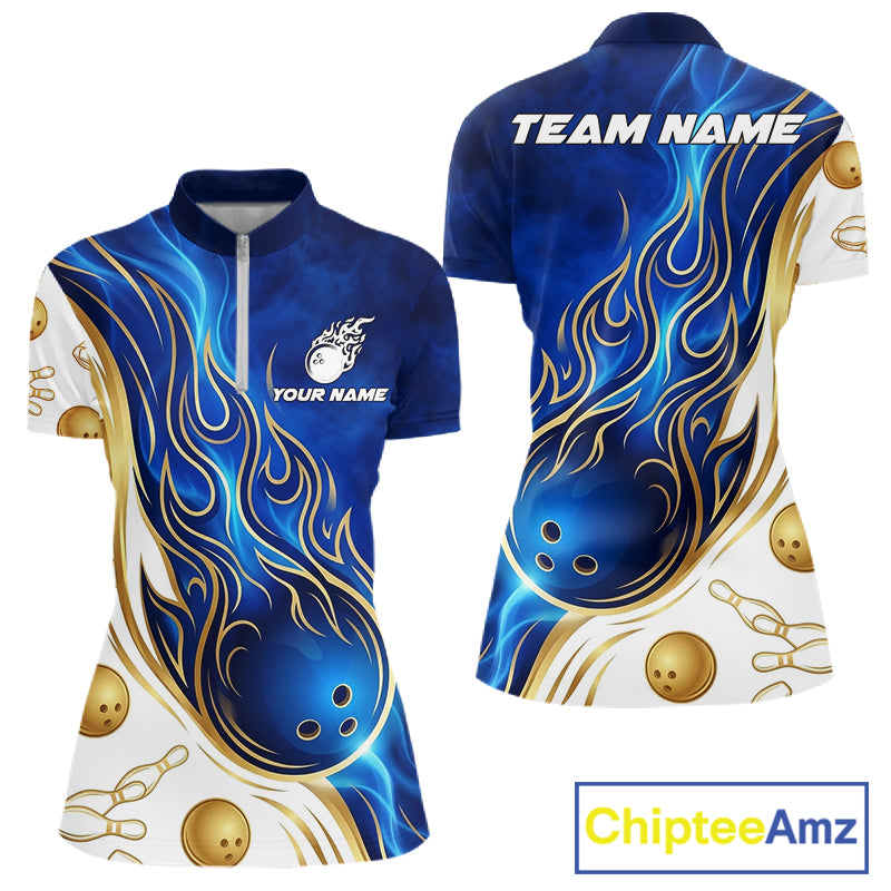 Custom Gold And Blue Flames Bowling Team Jerseys, Bowling League Polo & 1/4-Zip Shirt For Women NYN2917