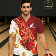 Load image into Gallery viewer, Male and female models wearing Gold and Red Flames bowling Hawaiian shirts, custom bowling team button-up apparel, tropical vacation clothing, resort-style league outfit symbolizing passion, determination, strength and competitive excellence