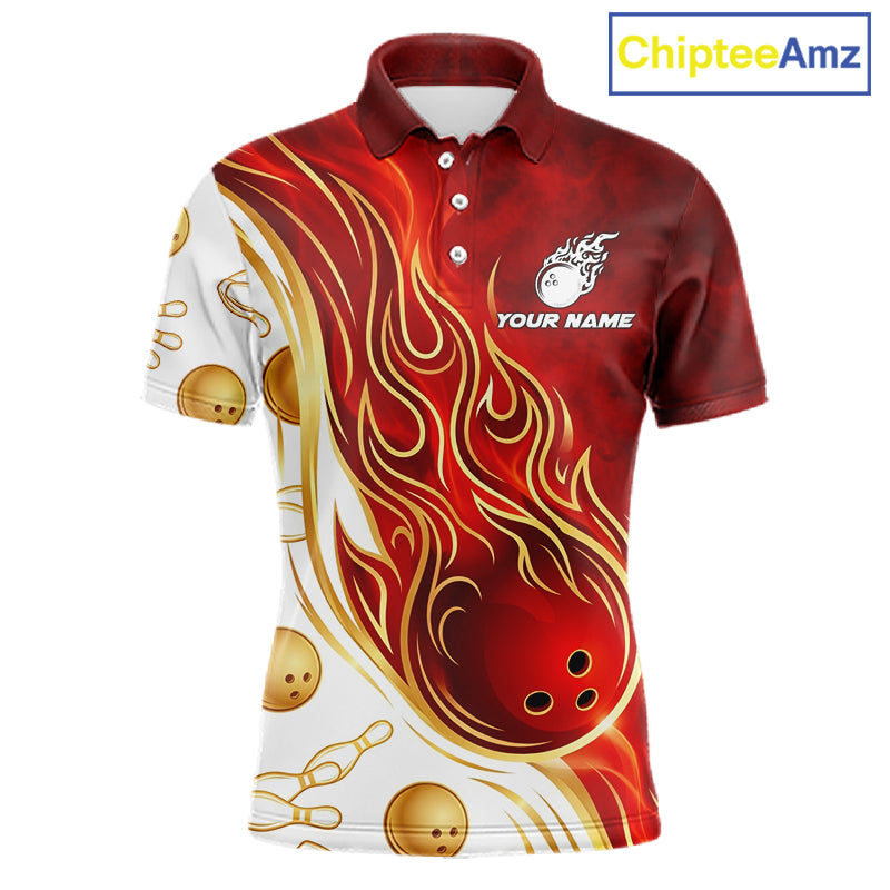 Custom Gold And Red Flames Bowling Team Jerseys, Bowling League Polo & 1/4-Zip Shirt For Men NYN2918