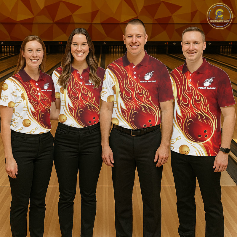 Custom Gold And Red Flames Bowling Team Jerseys, Bowling League Polo & 1/4-Zip Shirt For Women NYN2918