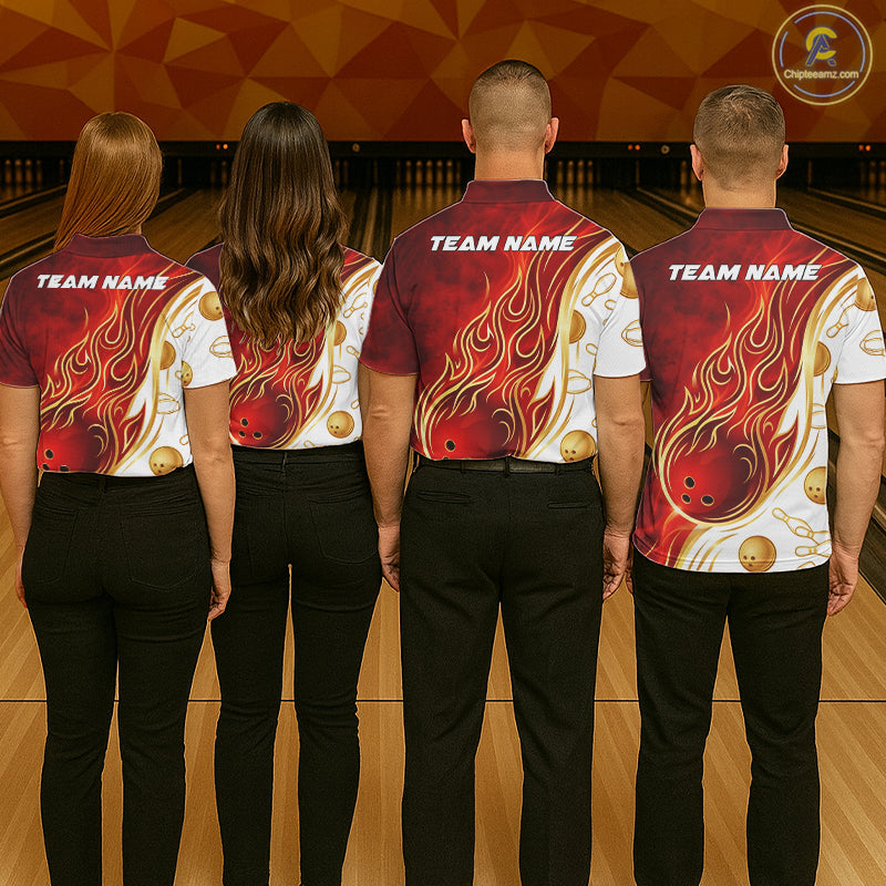 Custom Gold And Red Flames Bowling Team Jerseys, Bowling League Polo & 1/4-Zip Shirt For Women NYN2918