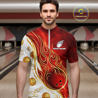 Custom Gold And Red Flames Bowling Team Jerseys, Bowling League Polo & 1/4-Zip Shirt For Men NYN2918