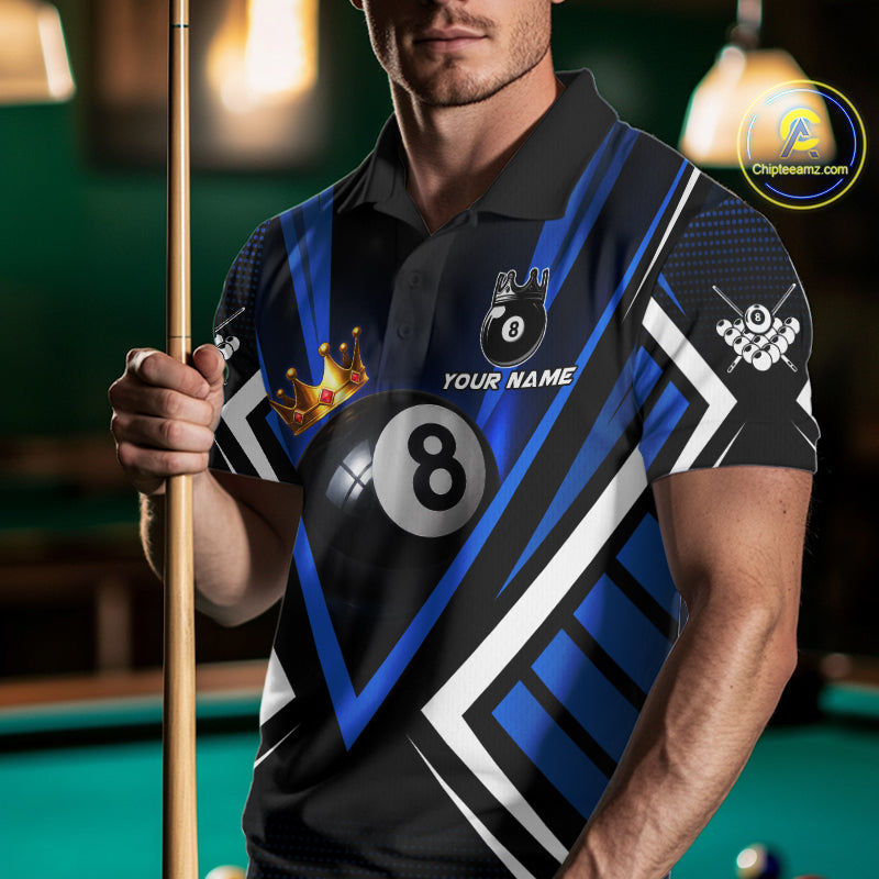 Personalized Crown 8 Ball Pool Black And Blue Polo Shirts For Men, Custom Billiard Team Apparel NYN3292
