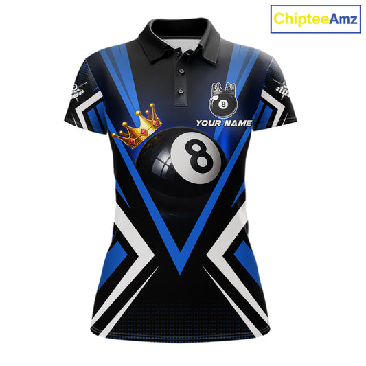 Crown 8 ball black and blue billiard polo shirt for women custom pool apparel