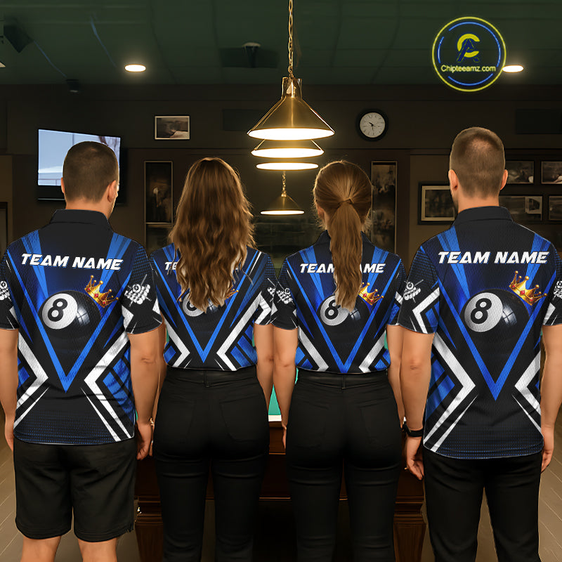 Personalized Crown 8 Ball Pool Black And Blue Polo Shirts For Women, Custom Billiard Team Apparel NYN3292