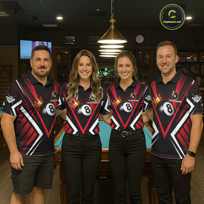 Personalized Crown 8 Ball Pool Black And Red Polo Shirts For Men, Custom Billiard Team Apparel NYN3293