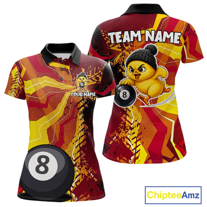 Yellow red splatter duck 8 ball billiard polo shirt for women funny design