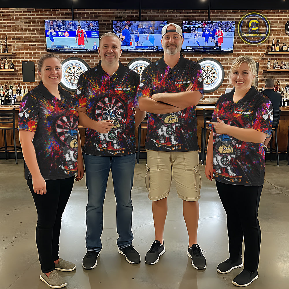 Multi-Color Splatter Funny Bulldog Custom Women Darts Quarter-Zip League Shirts Dart Team Jerseys NYN2255