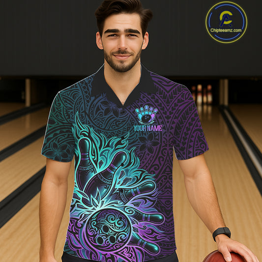 Male and female models wearing Blue and Purple Tribal Pattern bowling Hawaiian shirts, stylish tribal bowling apparel, tropical resort button-up shirts, custom league uniforms inspired by culture, unity, confidence and adventure