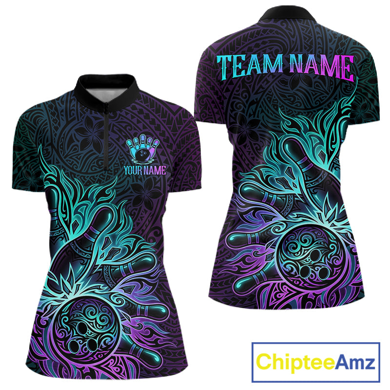 Blue & Purple Tribal Pattern Bowling Ball Jersey For Women Custom Tribal Team Shirts Bowling League NYN2928