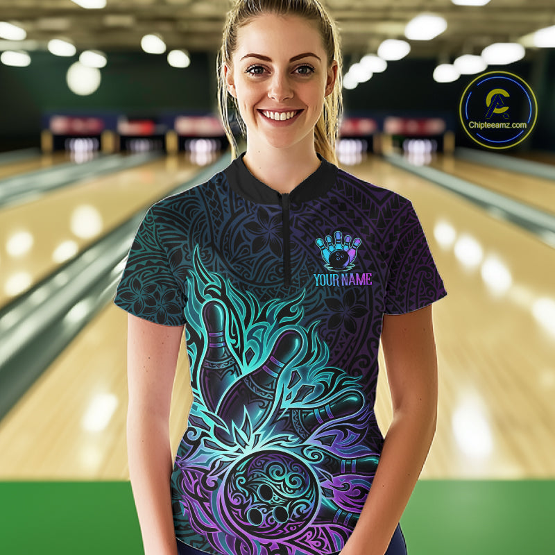 Blue & Purple Tribal Pattern Bowling Ball Jersey For Women Custom Tribal Team Shirts Bowling League NYN2928