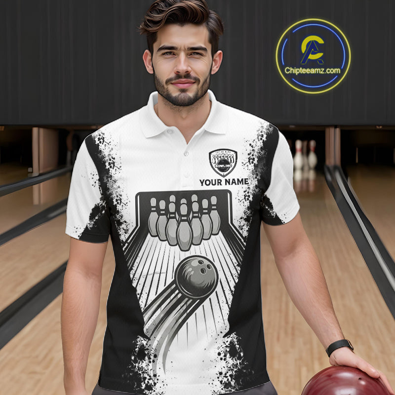 White And Grunge Black Bowling Jerseys For Men Custom Bowling Polo 1/4-Zip Shirt, Gift For Bowlers NYN3127