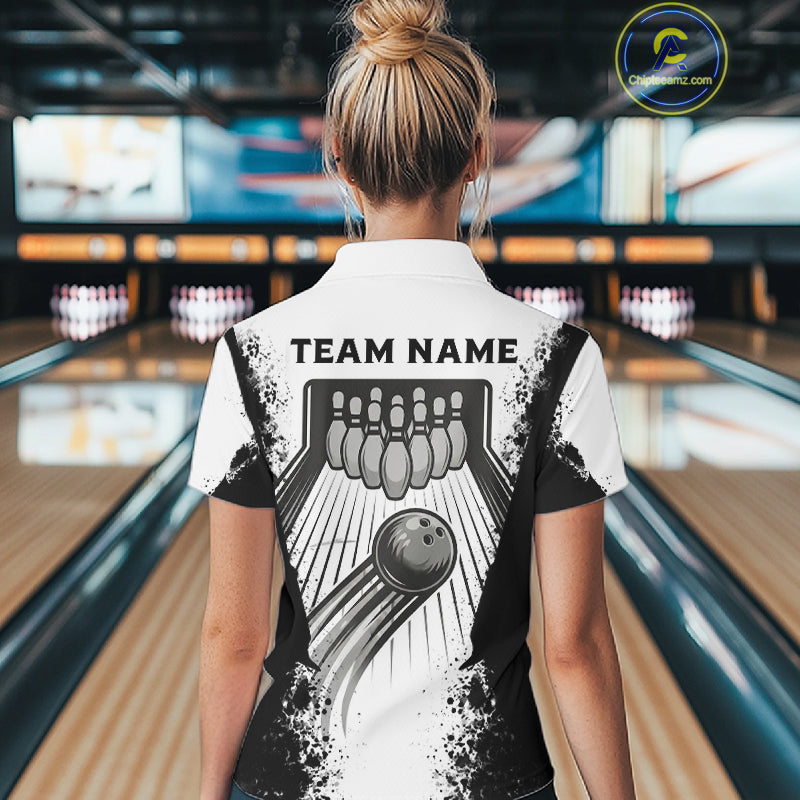 White And Grunge Black Bowling Jerseys For Women Custom Bowling Polo 1/4-Zip Shirt, Gift For Bowlers NYN3127