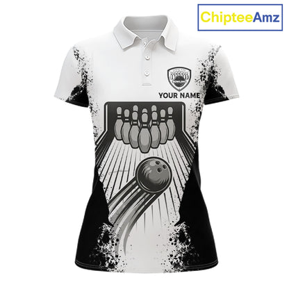 White And Grunge Black Bowling Jerseys For Women Custom Bowling Polo 1/4-Zip Shirt, Gift For Bowlers NYN3127