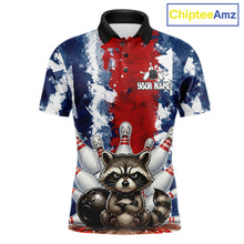 Load image into Gallery viewer, Funny raccoon bowling ball and pins men's bowling polo shirt, red and blue bowling jersey, custom bowling team shirt, personalized bowling apparel, bowling league uniform