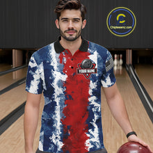 Load image into Gallery viewer, Male bowler wearing American flag bowling jersey, patriotic bowling apparel, custom bowling team shirt, bowling tournament outfit