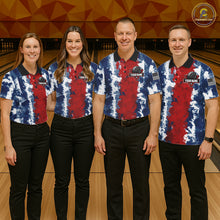 Load image into Gallery viewer, Men women bowling team wearing matching American flag bowling jerseys, patriotic bowling uniforms, custom bowling league apparel